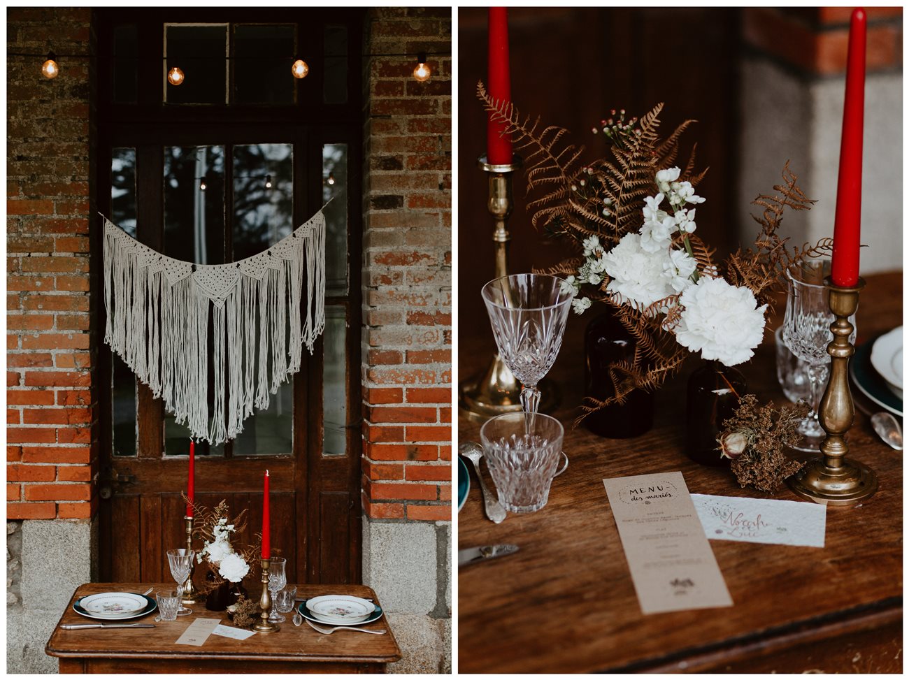 mariage bohème décoration table extérieur guirlande lumière macramé détail vaisselle