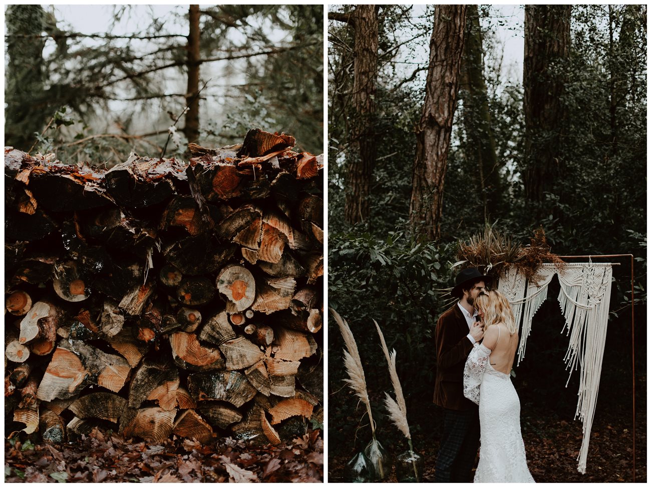 mariage bohème cérémonie laïque forêt détails troncs d'arbres