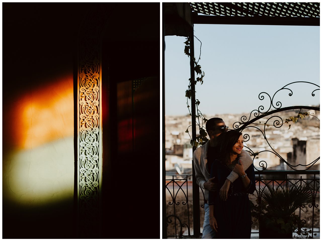 séance couple maroc fès mariés ombre et lumière toit terasse détail lumières colorées mur