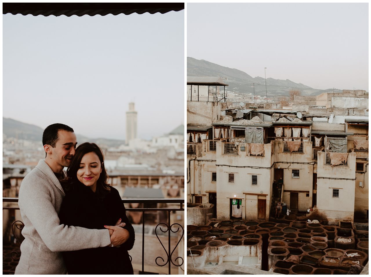 séance couple maroc toits de fès calin mariés et photo tannerie