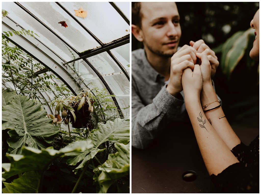 séance couple ambiance botanique plantes serre jardin des plantes tatouage plante future mariée