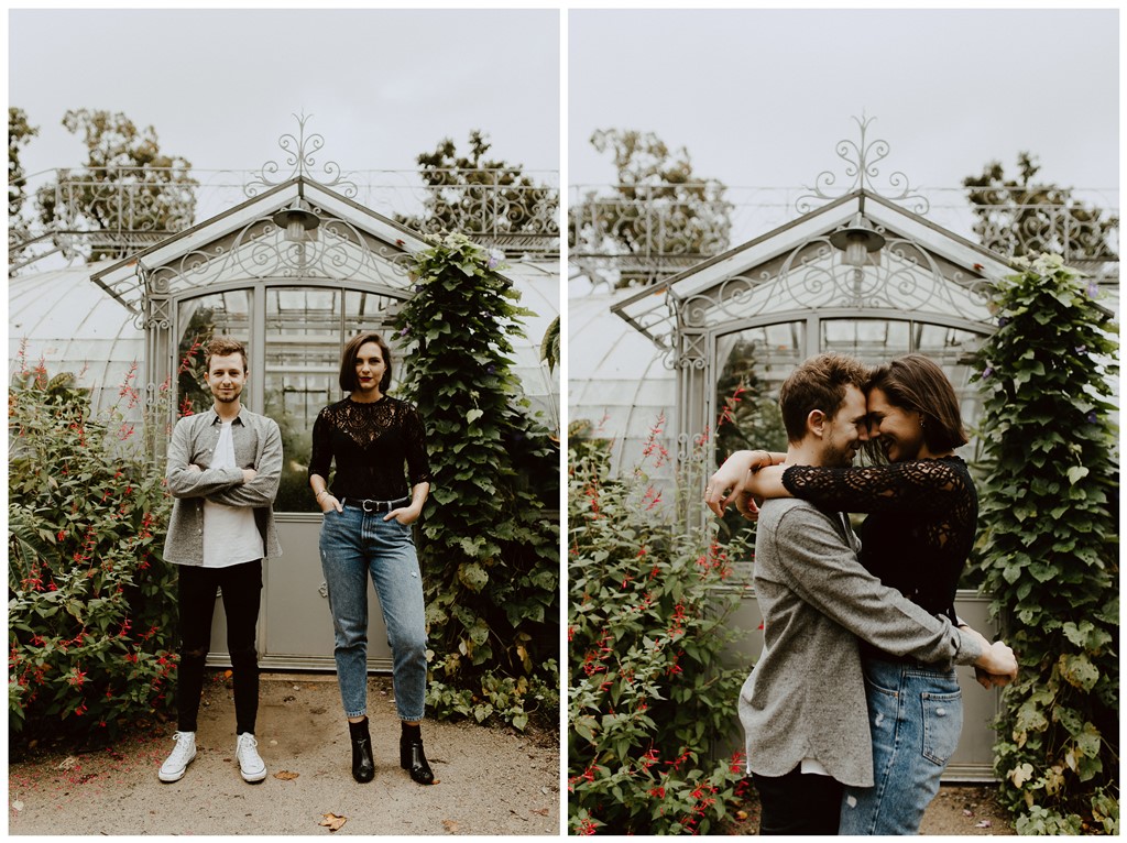 séance engagement Nantes couple portrait câlin serre jardin des plantes