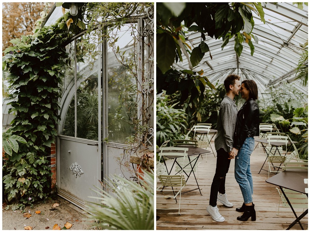 séance couple ambiance botanique amoureux rires serre végétale